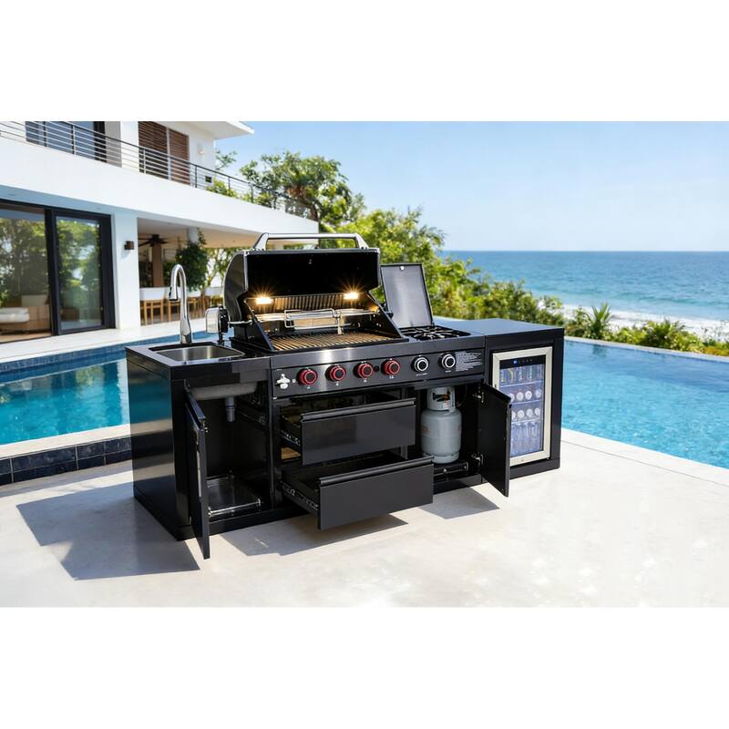 GDFStudio Xaviron Stainless Steel Outdoor Kitchen Island Grill with 4 Burners, Rotisserie and Refrigerator
