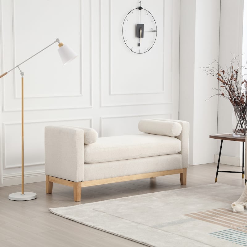 53.5"W Elegant Boucle Upholstered Bench, Ottoman with Wood Legs & Bolster Pillows