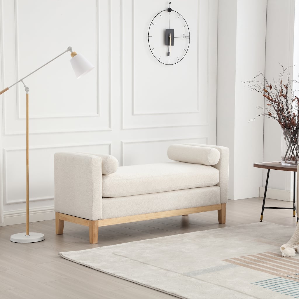 53.5"W Elegant Upholstered Bench, Ottoman with Wood Legs & Bolster Pillows for End of Bed, Bedroom, Living Room, Entryway