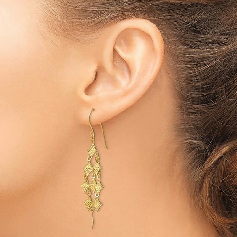 Curata 14k Yellow Gold Polished Shepherd Hook Sparkle Cut Chandelier Dangle Earrings - 61x18mm