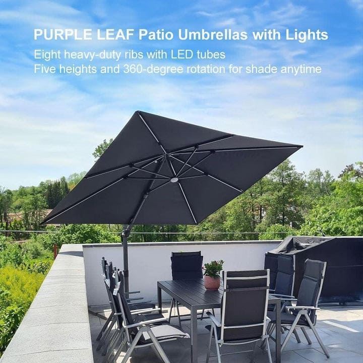 PURPLE LEAF 10 ft Solar Powered LED Patio Cantilever Umbrella with 360-degree Rotation