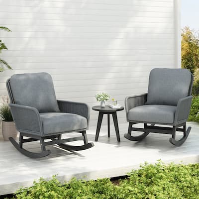 Modern 3-Piece Outdoor Seating Set with Gray Cushioned PE Rattan Rocking Chairs and Wooden Accent Table