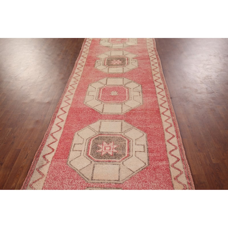 Pink & Red Geometric Anatolian Turkish Runner Rug Handmade Wool Carpet - 3'9"x 12'6"