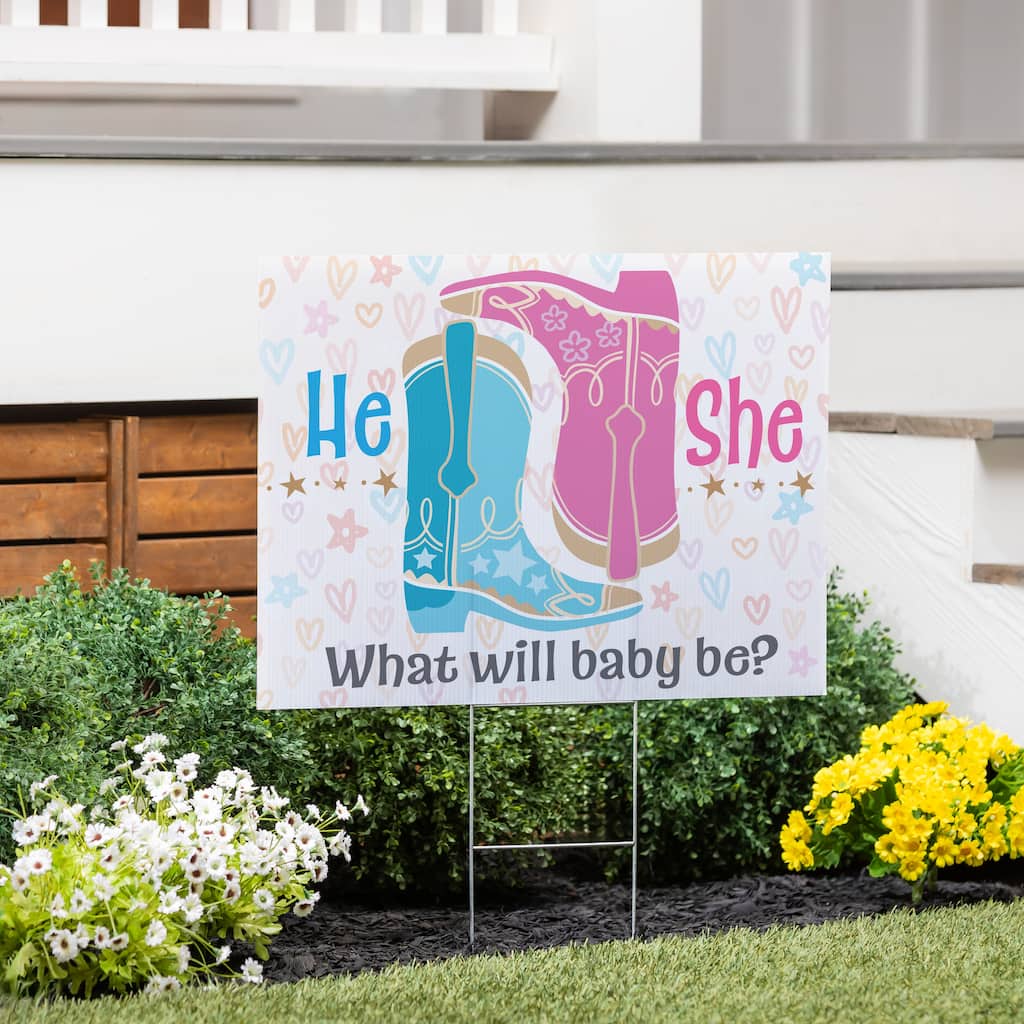 24" x 18" Yard Sign with H-Stake, Pink Blue Boots Gender Reveal