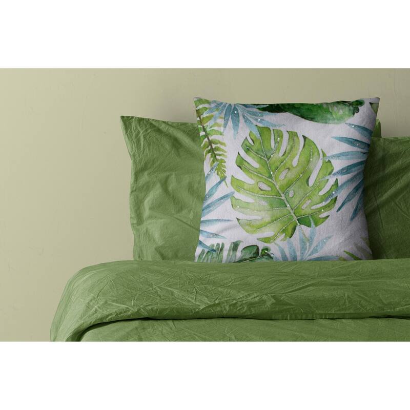 Hand Woven Tropical Leaves Square Throw Pillow - 20" - Green and Blue