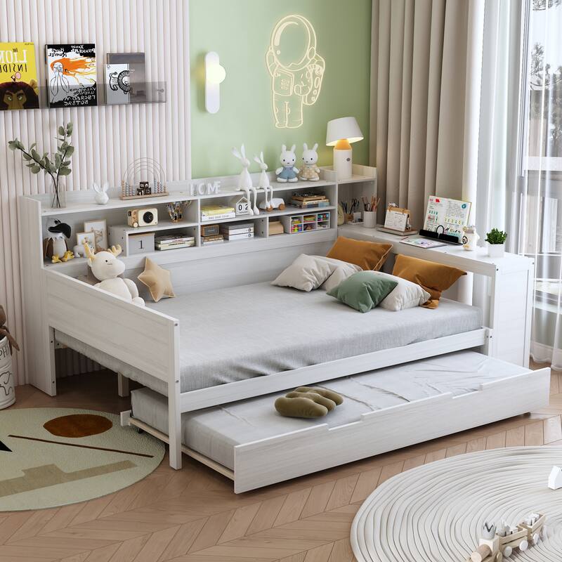 Full Size Daybed with Storage Shelves, Multi-Functional Bed with Twin Trundle and Built-In Study Desk, Space-Saving Design