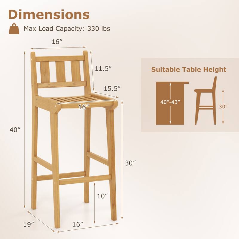 30" Ergonomic Teak Wood Bar Chair with Backrest and Footrest Perfect for Outdoor or Indoor Bars - 16" x 19" x 40"