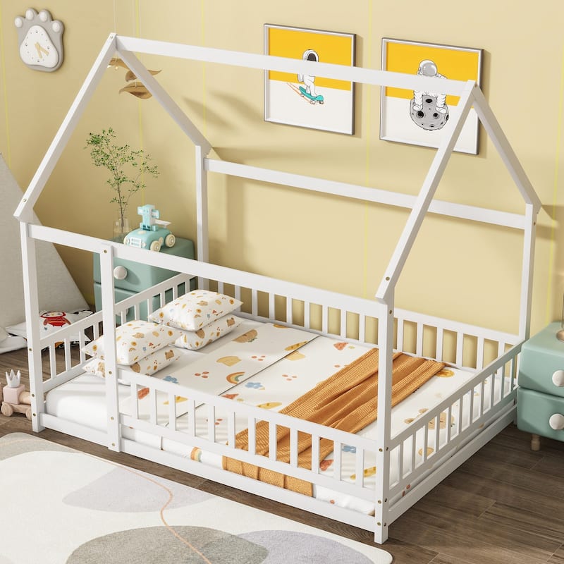 Full Size House Floor Wooden Bed with Roof Frame - White