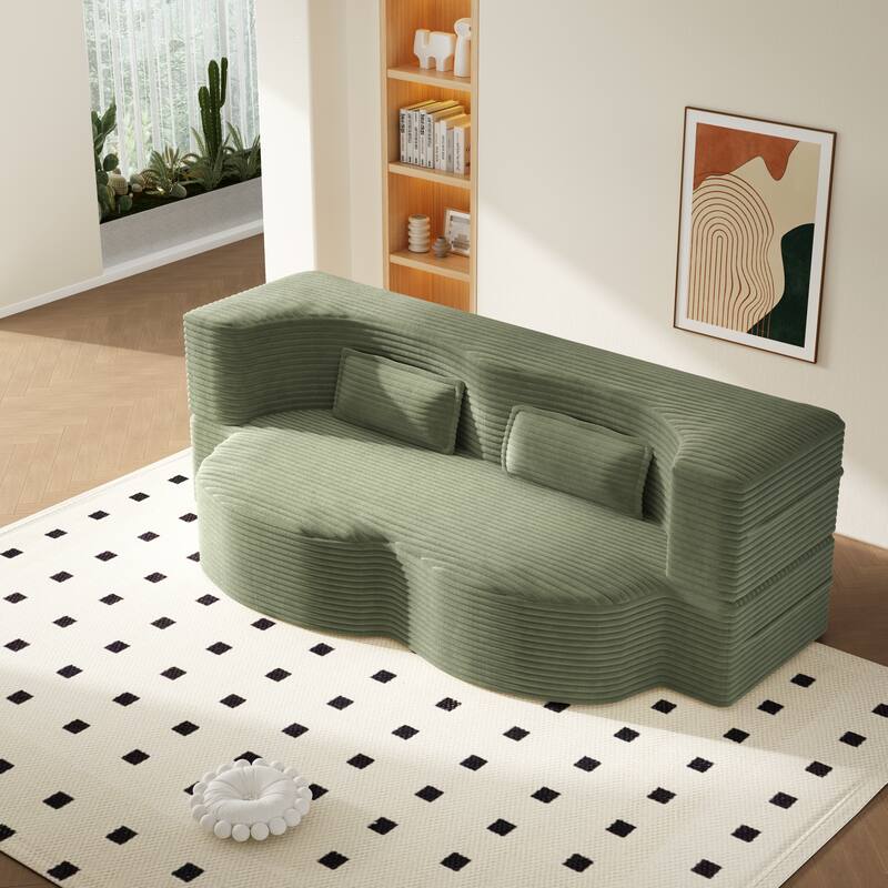 Modern 78.7" Floor Sofa With 2 Pillows For Small Pace Living Room, Convertible Sleeper Sofa Bed - Green Corduroy
