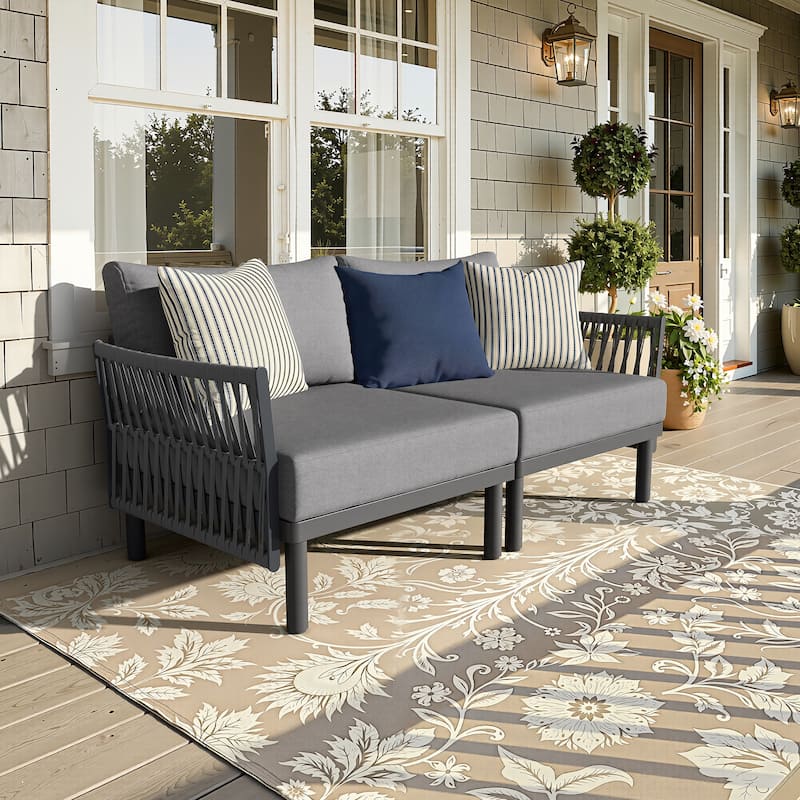 Outdoor Modular All-Weather Aluminum Cushioned Sectional Sofa Set with Deep Seating Patio Conversation Set - Dark Grey - 2PC