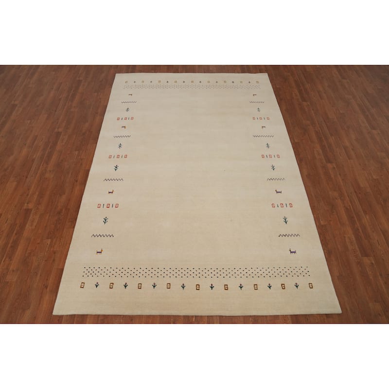 Hand Knotted Oriental 100% Wool Carpet Tribal Animal Pictorial Beige & Ivories Gabbeh Area Rug - 9' 10'' X 6' 7''