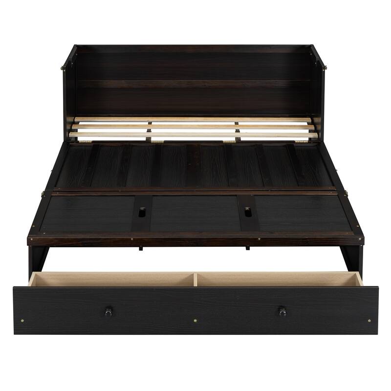Queen Size Murphy Bed with USB Port and Large Drawer, Space-Saving Design, No Box Spring Needed, Espresso Finish