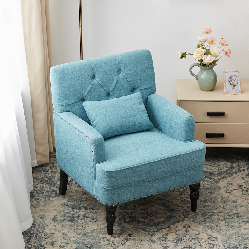 Set of 2 Arm Chair Upholstered Button Tufted Accent Chair with Lumbar Pillow Beige/ Grey/ Light Blue