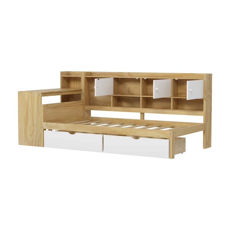 Full Size L-Shaped Daybed with Desk, Bookshelf, Cabinets & Drawers, Multi-Functional Wood Bed with Storage for Kids or Teens