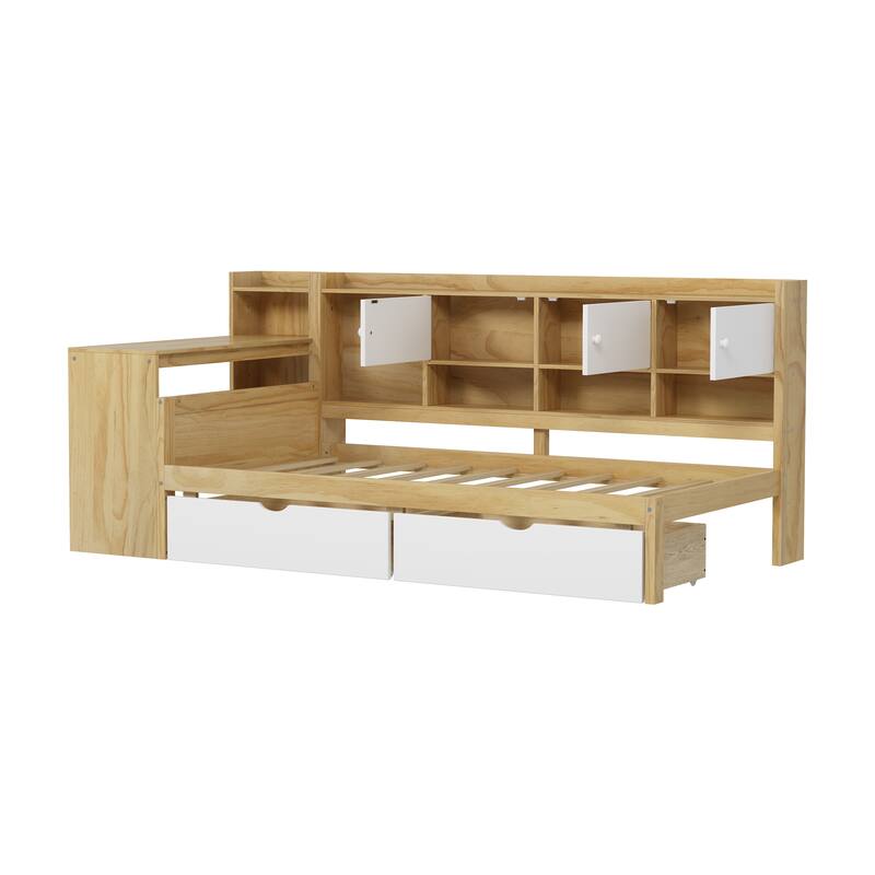 Multi-functional Daybed with Storage Cabinets and Storage Drawers,Study Desk and Built-in Bookshelf