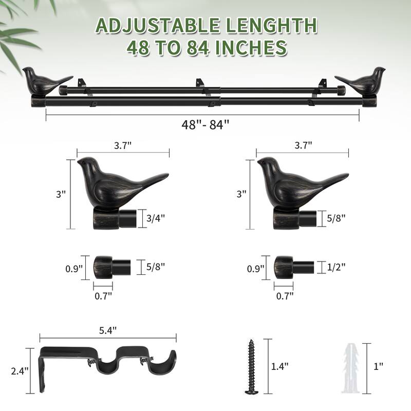 MERIVILLE 3/4" Diameter Farmhouse Double Window Curtain Rod, Bird Finials