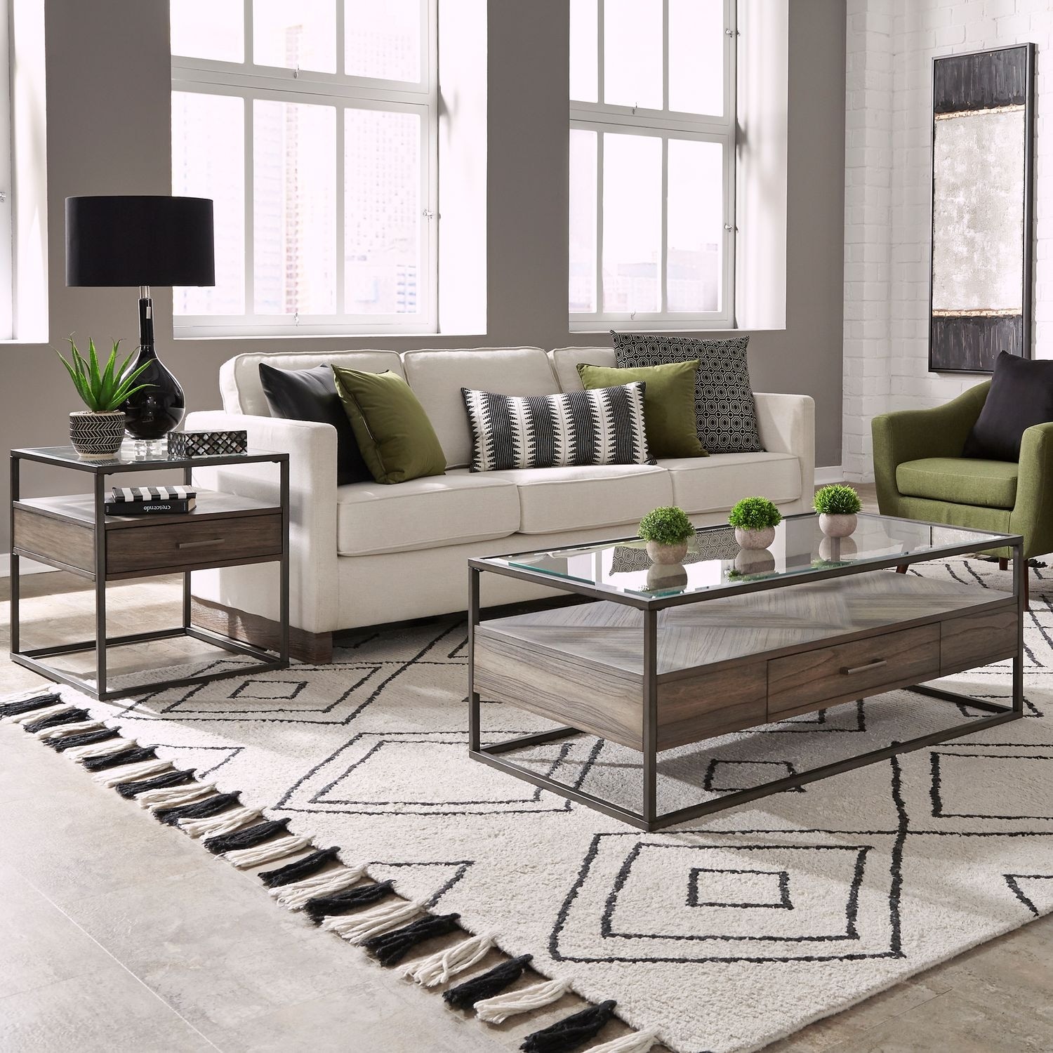 Jamestown Tobacco Living Room Table Set 3 Piece Glass Top Coffee Table, End Tables