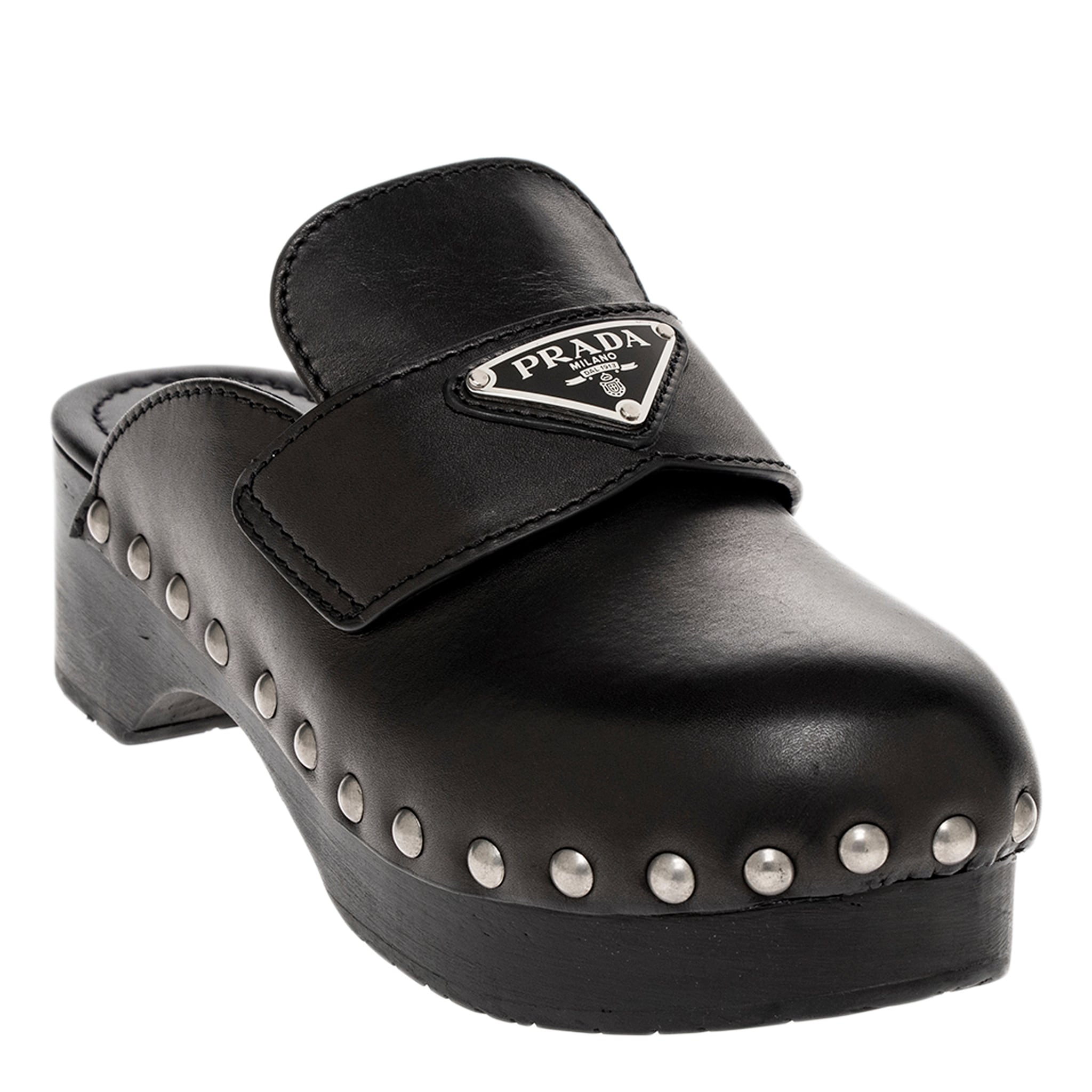 Prada Studded Leather Clogs - Overstock - 43005274
