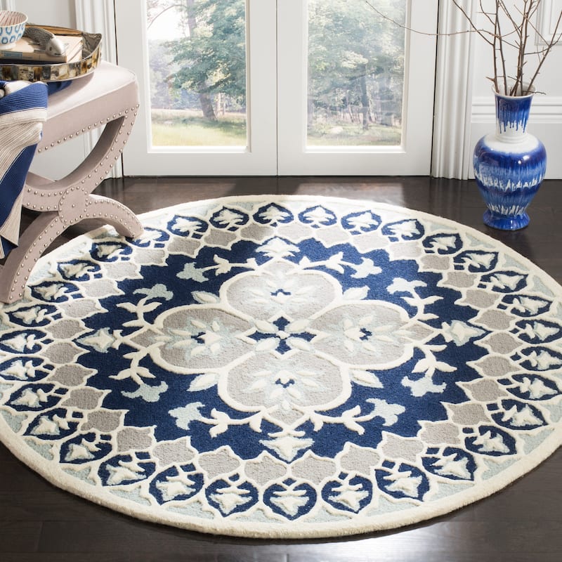 SAFAVIEH Handmade Bellagio Ronak Modern Oriental Wool Rug - 5' Round - Navy Blue/Ivory