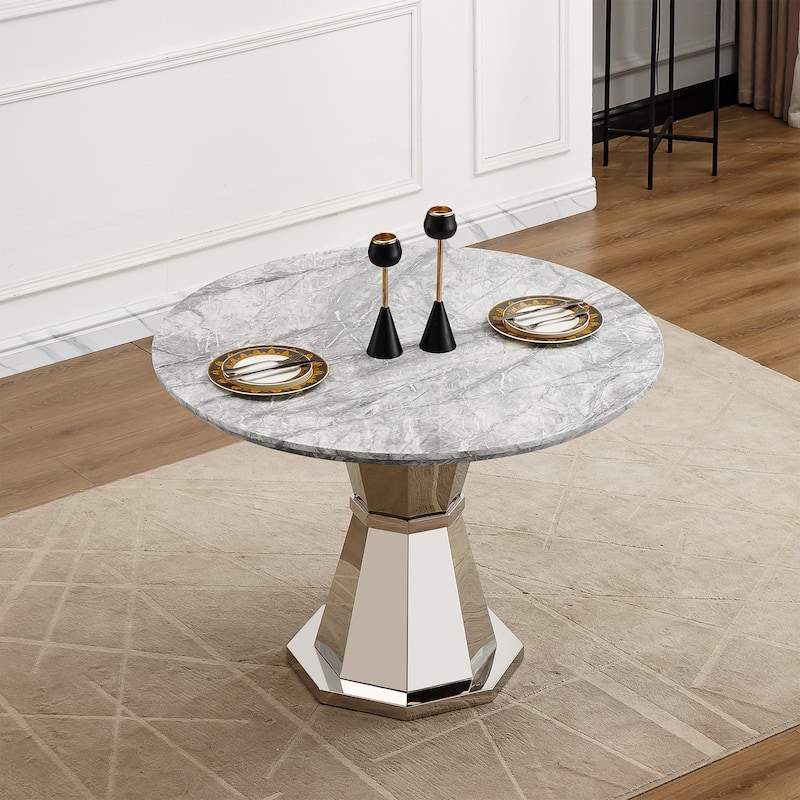 47" Round Dining Table with Faux Marble Tabletop and Stainless Steel Base - Gray+Silver