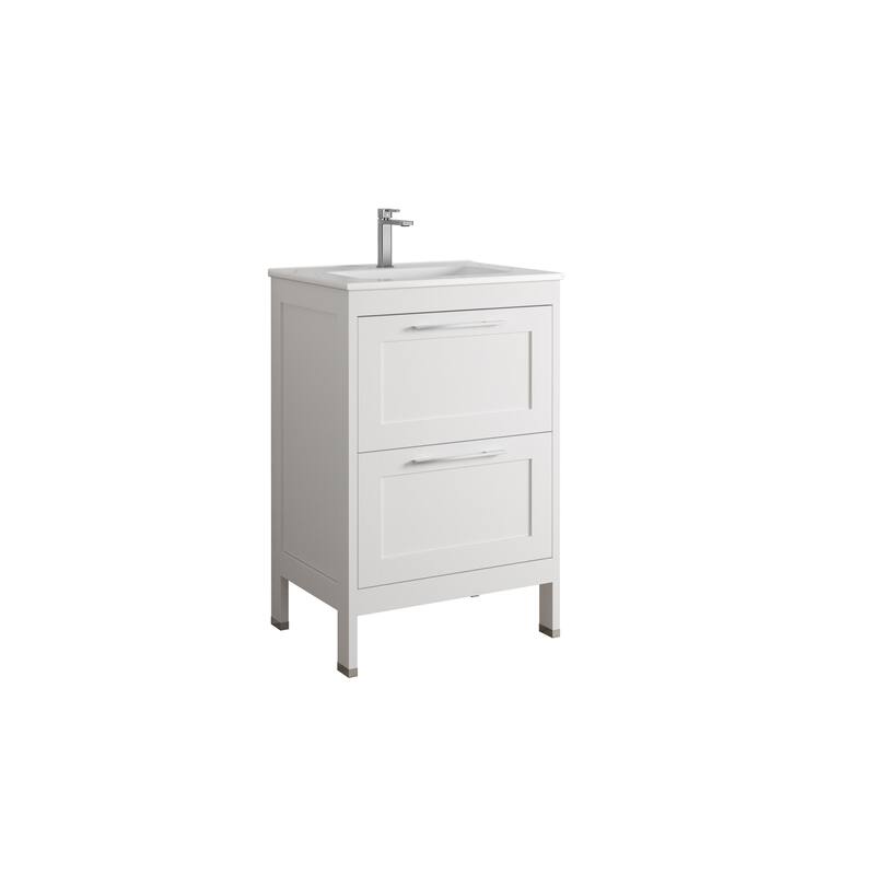 HomeRoots 24" White Wood Freestanding Bathroom Vanity With White Sink And Two Drawers - 24.00 in. x 35.06 in. x 17.75 in.