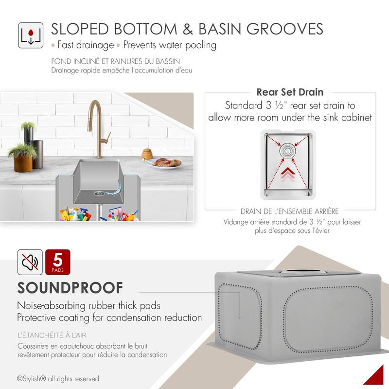 STYLISH Undermount 14" Single-Bowl Stainless Steel Bar Sink S-310G - 14" x 18" x 10"