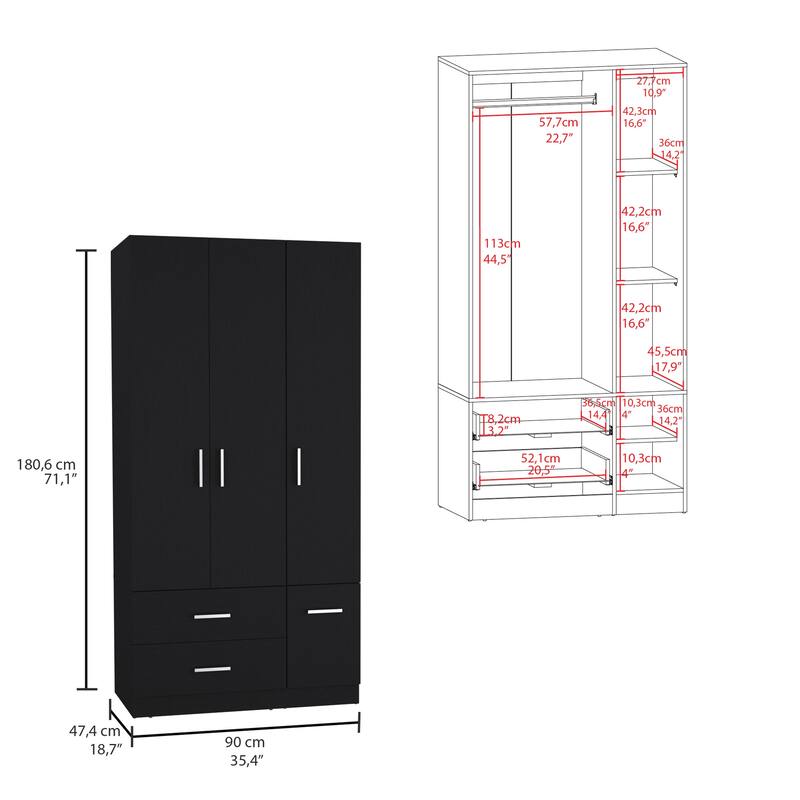 35.4" Modern Four-door Armoire with 2 Drawers, Six Shelves and Hanging Rod