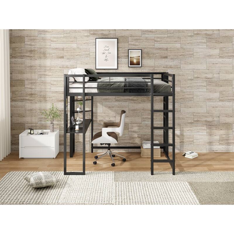 Full Size Metal Loft Bed with Desk and Storage, Ideal for Teens and Kids, Black Bedroom Frame