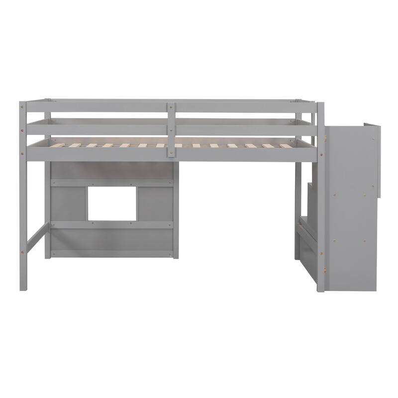 Twin Size Low Loft Bed with Storage Staircase and Window, Wooden Loft Bed Frame with Full Length Guardrail and Slat Support