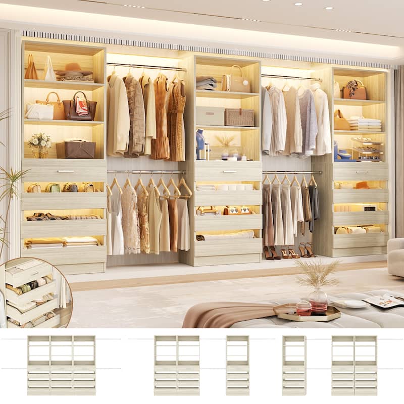 140'' Walk-in Closet Organizer System with 12 Drawers ＆ 4 Hanging Rods, 8.5-11.5FT Wooden Wardrobe Clothes Rack with 3 Towers - White Oak