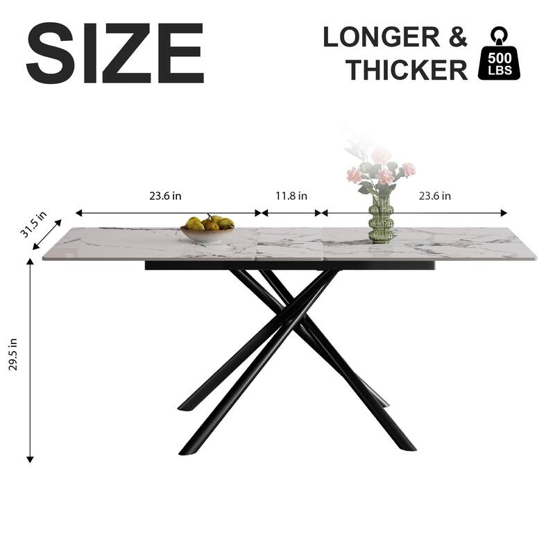 59-inch Modern rectangle Expandable Dining Table with Retractable Leaf, Sintered Stone Top & Black Carbon Steel X-Base
