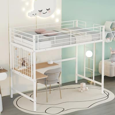 Twin Metal Loft Bed with Desk & Metal Grid - Sturdy, Space-Saving Design for Small Rooms