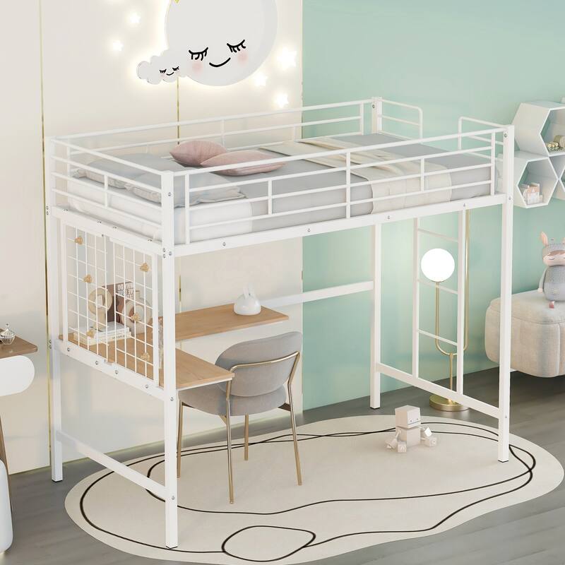 Twin Metal Loft Bed with Desk and Metal Grid, White