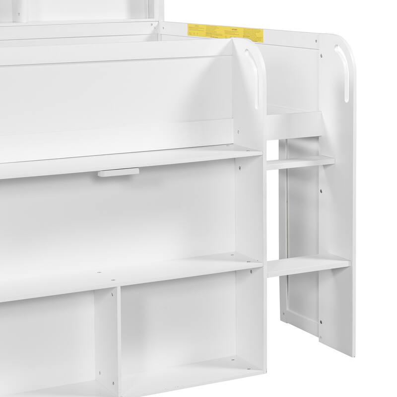 Full Size Wood Kids Loft Bed Frame with Pull-out Desk, Multiple Storage Bookshelf Built-in LED