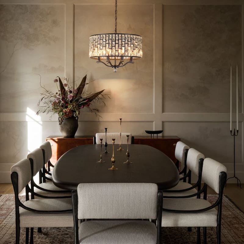8-Light Modern Glam Black Faceted Crystal Chandelier with Cylinder Drum Shade for Dining Room, Living Room