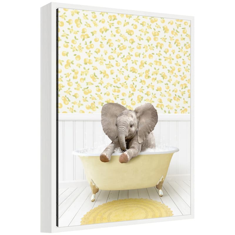 Kate and Laurel Sylvie Baby Elephant 6 in Cottage Yellow Bathtub Framed Canvas by Amy Peterson - White