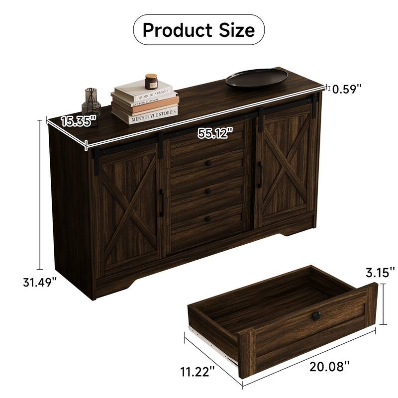 JASIWAY Barn Buffet Sideboard Cabinet with 2 Doors and 4 Drawers