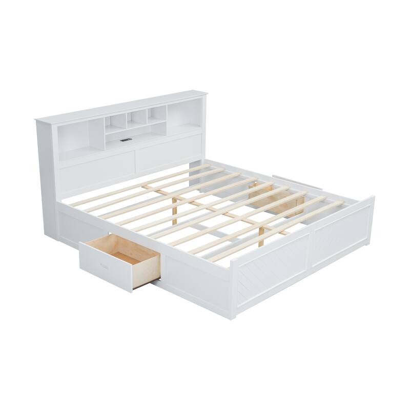 King Wood Platform Bed with Headboard Storage, USB Charging Station, and 2 Drawers - No Box Spring Required