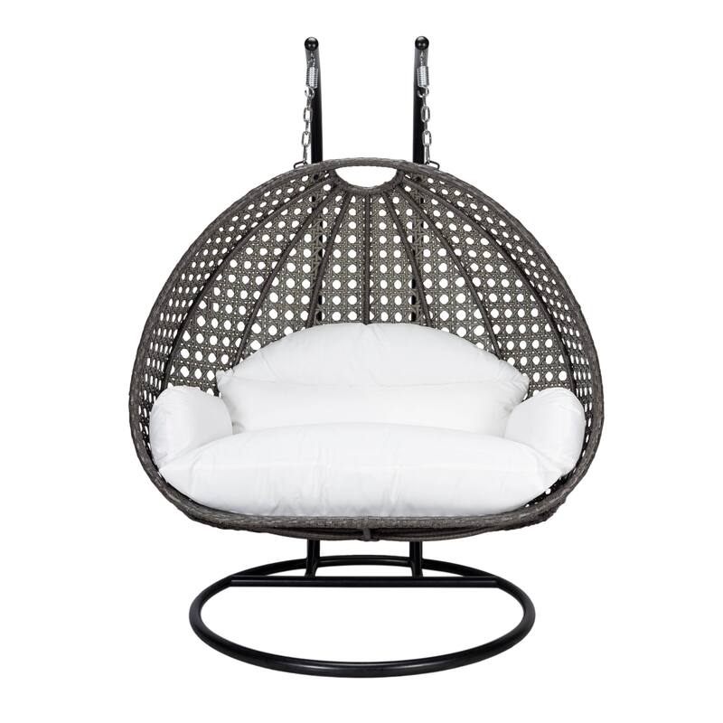 LeisureMod 2-Person Hanging Egg Swing Chair with Metal Stand - Handcrafted Charcoal Wicker, Patio Hammock Lounger with Cushions