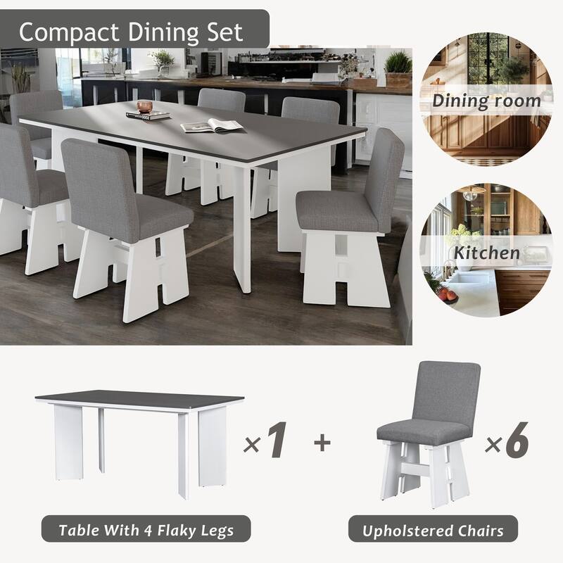 7-Piece Dining Table Set with 6 Upholstered Chairs, Solid Wood Farmhouse Design, Space-Saving, Modern Style for Dining Room