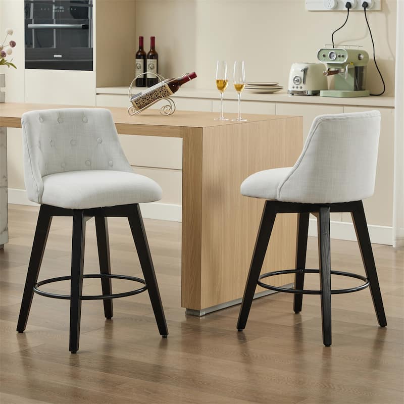 Modern Linen Swivel Bar Stools with Tufted Back,Wood Frame (Set of 2)