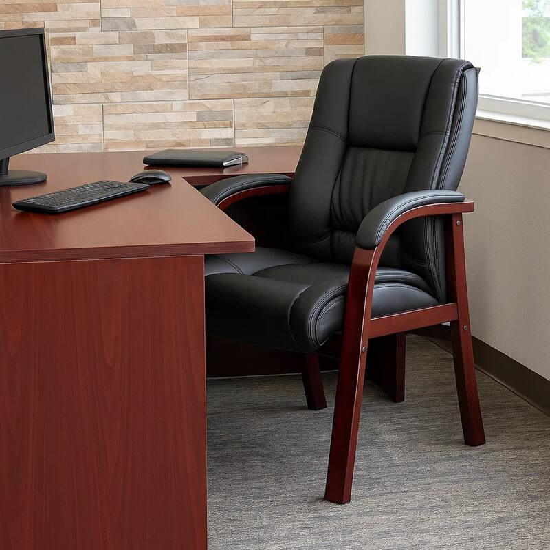 Aria Guest Armchair with Mahogany Brown Wood Finish, Black Vinyl