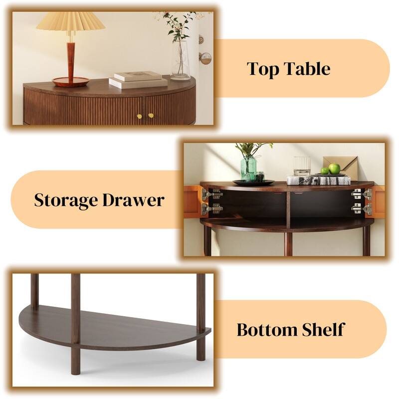 Half Moon Rattan Console Table - Curved Entryway Table with 2 Drawers and Shelf