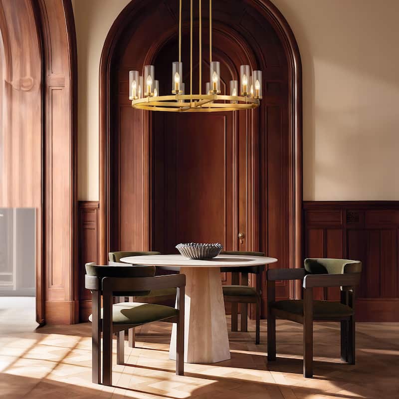 12-Light Mid-Century Modern Gold/Black Clear Glass Large Wagon Wheel Chandelier for Dining Room/ Living Room