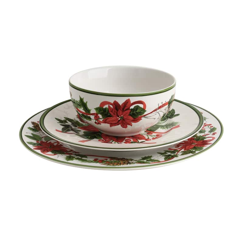 222 Fifth Holiday Festivities 12-Piece Porcelain Dinnerware Set for 4, White/Red Dish Set