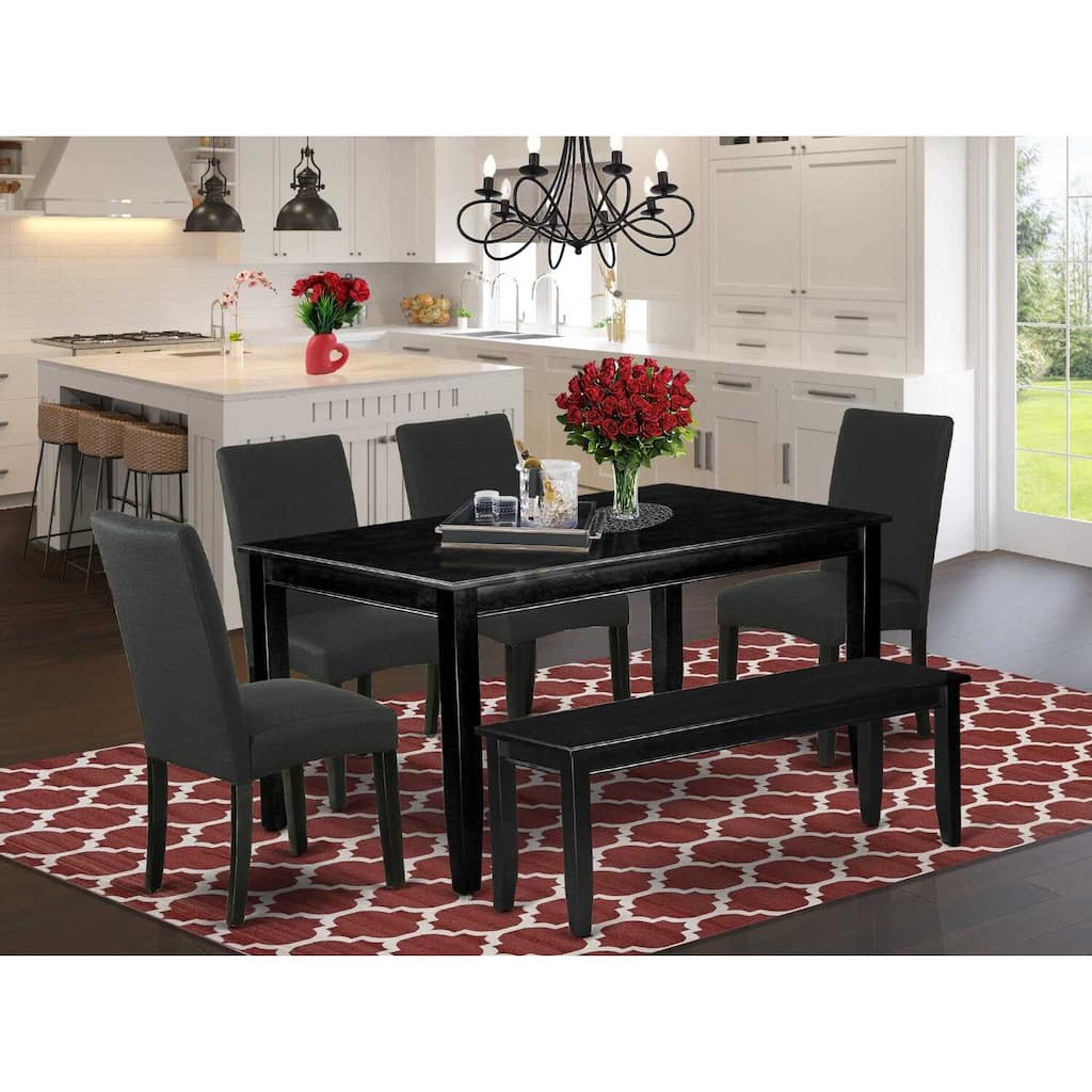 HomeStock 6-Piece Rectangle Black Finish Solid Wood Top Dining Table with 1 Bench, 4 Chairs with Lattice Back