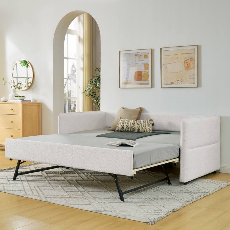Roomfitters Twin/Full Boucle Daybed with Trundle, Upholstered Sofa Bed Frame with Vertical Stripes, Beige