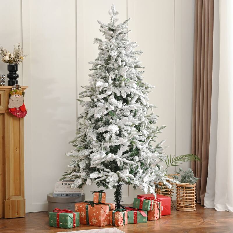 6FT Artificial Christmas Tree Unlit Snow Flocked Design Xmas Tree - N/A - White