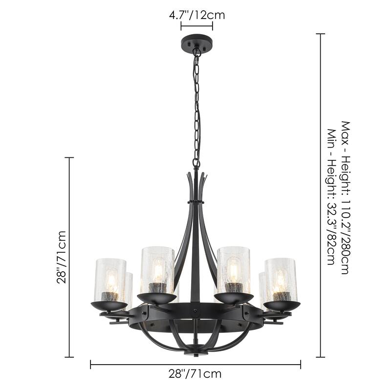 8-Light Industrial Wagon-Wheel Chandelier with Clear Cracked Glass Shades in Matte Black - 28 in. W x 28 in. H