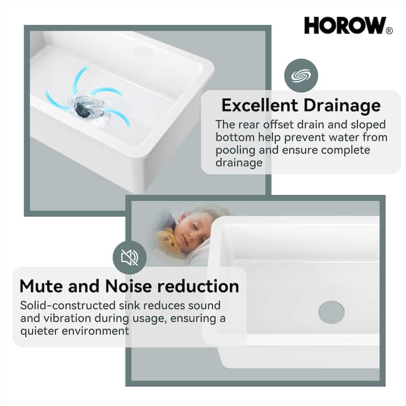 HOROW White Fireclay 32 in. Single Bowl Undermount/Drop-In Kitchen Sink with Basket Strainer and Sink Grid
